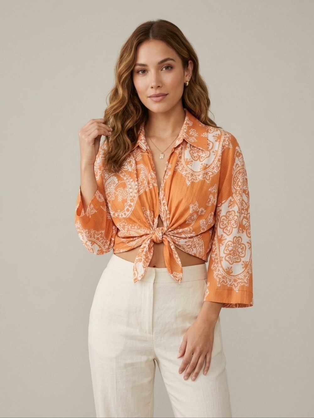 Zara Women's Boho Chic Tie-Front Orange Paisley Women’s Crop Blouse Medium
